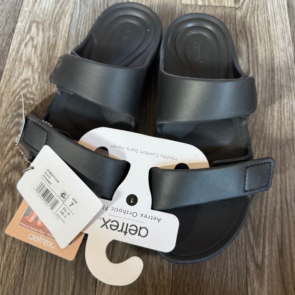 Aetrex Kaia Slide Sandals Womens 7 Black Orthotic Water Friendly